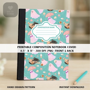 May include: A composition notebook with a teal cover featuring a repeating pattern of ghosts, black cats, ice cream cones, and pumpkins. The notebook has a black spine and the text "COMPOSITION BOOK" on the front. The cover is 8.5" x 11".