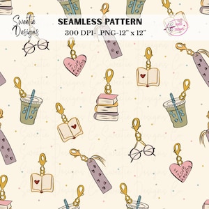May include: A seamless pattern featuring illustrated charms of books, iced coffee cups, eyeglasses, heart-shaped tags with the text I Love Reading, and bookmarks with heart motifs on a cream background with small colorful dots, labeled 300 DPI .PNG-12" x 12".