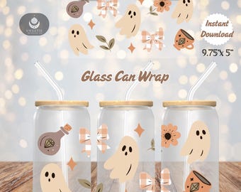 Whimsical Ghosts Glass Can Wrap: Sublimation Design (PNG Digital Download)