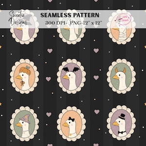 May include: Seamless pattern featuring cartoon geese in oval frames with various Halloween costumes. The geese are set against a black background with vertical stripes, hearts, and stars. The text "SEAMLESS PATTERN" is visible.