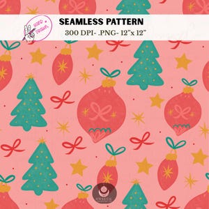 Girly Christmas Seamless Pattern: Retro Ornaments, Bows & Trees (PNG Download)