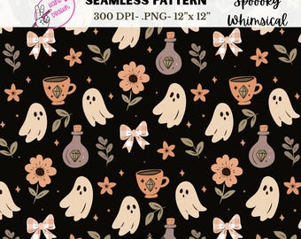 Whimsical Ghosts Seamless Pattern Cottagecore Halloween Sublimation Design PNG Digital Download Vinyl Fabric