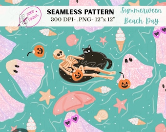 Summerween Glitter Ghosts Seamless Pattern Hand Drawn PNG Digital Download Sublimation Design Vinyl Fabric Beach Summer Halloween