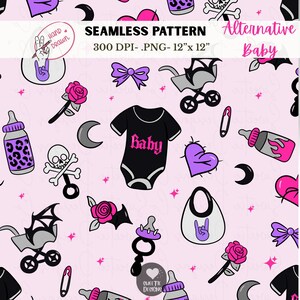 May include: Seamless pattern with an alternative baby theme. The design features a black onesie with the word "Baby", skulls, hearts, bows, baby bottles, and a stroller on a light pink background. The pattern is hand-drawn.