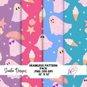 May include: Seamless pattern pack featuring ghosts, ice cream cones, seashells, and stars on purple, pink, and blue backgrounds. The design includes the text "Sweetie Designs" and "Hand Drawn". The pattern is 30.48 cm x 30.48 cm.