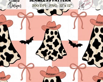 Cowgirl Fantasmi Halloween Motivo senza cuciture Rosa a quadri PNG Download digitale Sublimazione Design Vinile Tessuto Disegnato a mano