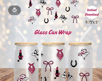 Diseño de envoltura para latas de vidrio con temática vaquera coqueta: PNG para sublimación de San Valentín estilo western (descarga digital)
