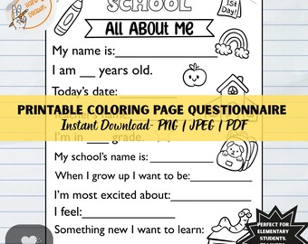 Printable First Day of School Questionnaire PNG JPEG PDF All About Me Worksheet Kids Coloring Page Homeschool Elementary