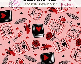 Spicy Romance Bookish Seamless Pattern Pink Red Smut Book Lovers Booktok PNG Digital Download Hand Drawn Sublimation Vinyl Fabric