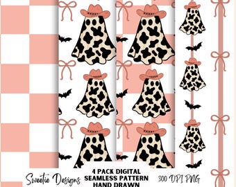 Motivo senza cuciture Western Halloween Cowgirl Fantasmi PNG Download digitale Design per sublimazione Tessuto vinilico