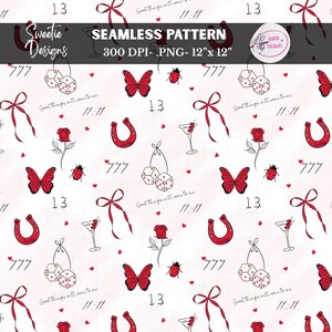 Lucky Coquette Nahtloses Muster PNG Digitaler Download Handgezeichnete Kirschwürfel Schmetterling Bogen Rot Schwarz Weiß Sublimation Design Vinyl Stoff