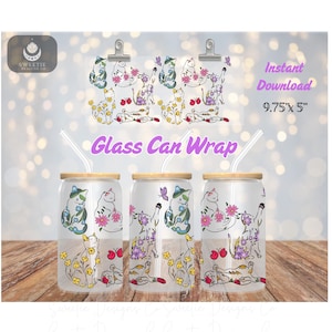 Cats and Flowers Glass Can Wrap Sublimation Design (PNG Digital Download)