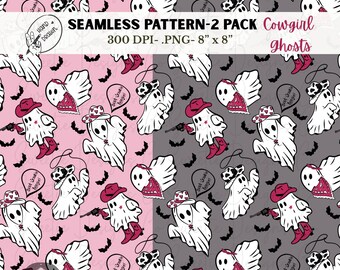 Cowgirl Ghost Seamless Pattern Western Halloween PNG 2 Pack Digital Download Sublimation Vinyl Fabric