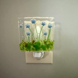 Handmade Fused Glass Forget-Me-Not Meadow Night Light – Unique Rustic Home Decor, Handcrafted Nightlight for Bedroom, Bathroom, or Hallway