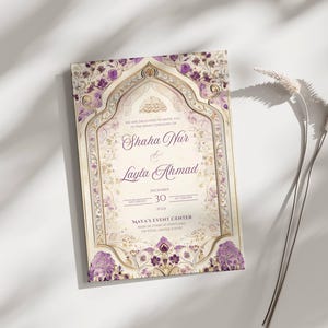 Modelo de convite de casamento muçulmano para download Convite Nikkah Convite digital de casamento islâmico Convites Nikkah roxos Modelo Nikkah