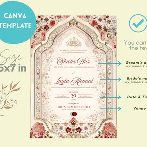 Puede incluir: Una plantilla de invitaci&oacute;n de boda con un dise&ntilde;o floral. La invitaci&oacute;n mide 12,7 x 17,8 cm y presenta los nombres Shaha Nur y Layla Ahmad. La fecha es el 30 de diciembre de 2006, en el Botanical Loft Hotel.