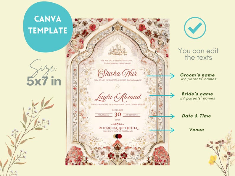 Puede incluir: Una plantilla de invitaci&oacute;n de boda con un dise&ntilde;o floral. La invitaci&oacute;n mide 12,7 x 17,8 cm y presenta los nombres Shaha Nur y Layla Ahmad. La fecha es el 30 de diciembre de 2006, en el Botanical Loft Hotel.