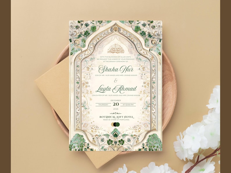 Islamic Wedding Invitation Template Download Nikkah Invitation Digital Muslim Wedding Invitation Floral Nikkah Invites Green Invitation Card image 3