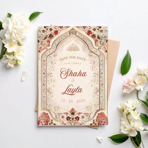 Puede incluir: Una tarjeta de reserva de fecha con un dise&ntilde;o ornamentado con patrones florales y geom&eacute;tricos en rojo, crema y dorado. La tarjeta incluye los nombres "Shaha & Layla" y la fecha "12.30.2026". Flores blancas y vegetaci&oacute;n rodean la tarjeta.