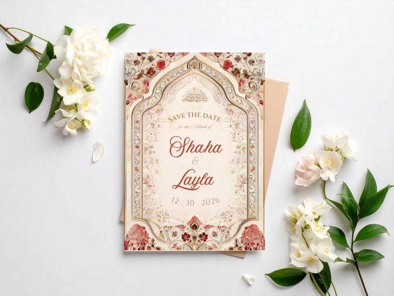 Puede incluir: Una tarjeta de reserva de fecha con un dise&ntilde;o ornamentado con patrones florales y geom&eacute;tricos en rojo, crema y dorado. La tarjeta incluye los nombres "Shaha & Layla" y la fecha "12.30.2026". Flores blancas y vegetaci&oacute;n rodean la tarjeta.