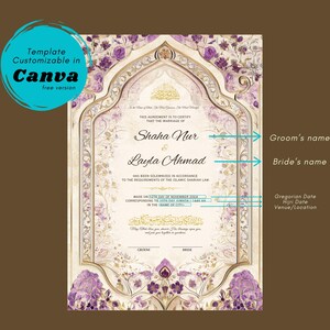 May include: A wedding certificate template with a floral design in shades of purple and gold. The names "Shaha Nur" and "Layla Ahmad" are displayed prominently. The text "Template Customizable in Canva" is in a teal circle.