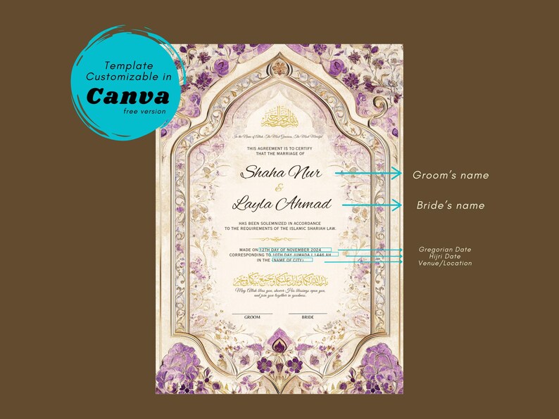 May include: A wedding certificate template with a floral design in shades of purple and gold. The names "Shaha Nur" and "Layla Ahmad" are displayed prominently. The text "Template Customizable in Canva" is in a teal circle.
