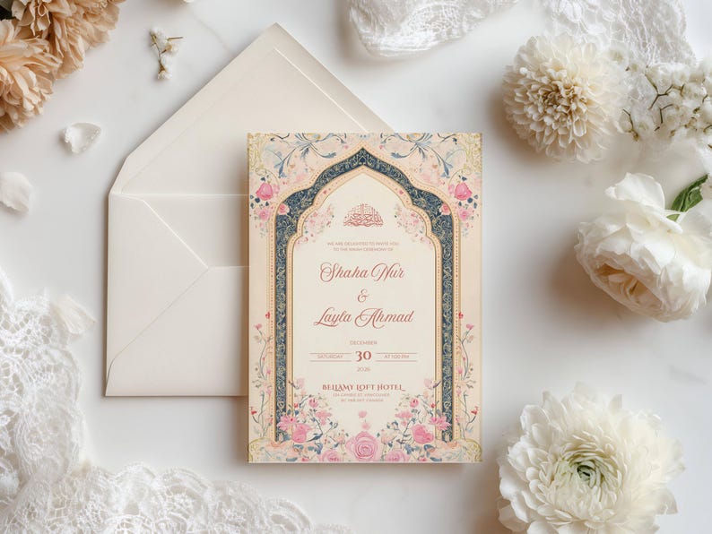 May include: Wedding invitation with floral and arch design. The invitation features the names "Shaka Nur & Layla Ahmad" and the date "30 December". The design includes pink and blue floral accents and is set against a cream background.