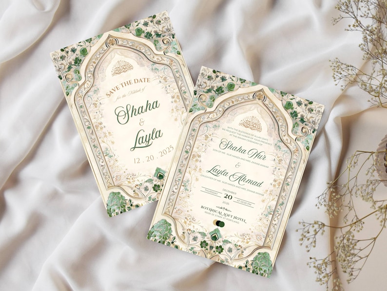 Islamic Wedding Invitation Template Download Nikkah Invitation Digital Muslim Wedding Invitation Floral Nikkah Invites Green Invitation Card image 9