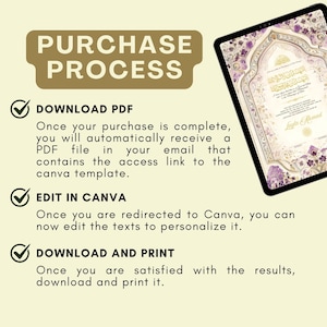 May include: A digital tablet shows a decorative design with floral and geometric patterns in purple and gold. The image includes text outlining the purchase process: download PDF, edit in Canva, and download and print.