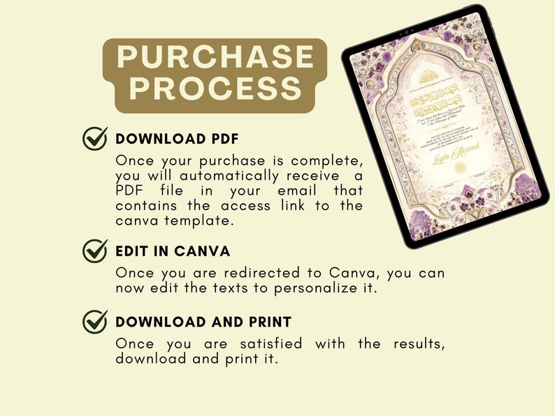May include: A digital tablet shows a decorative design with floral and geometric patterns in purple and gold. The image includes text outlining the purchase process: download PDF, edit in Canva, and download and print.