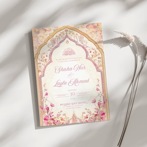 Sjabloon islamitische huwelijksuitnodiging Nikkah-uitnodiging downloaden Digitale moslimhuwelijksuitnodiging bloemen Nikkah nodigt roze uitnodigingskaart uit