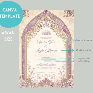 May include: A Canva template for a wedding invitation. The design features a decorative arch shape with floral accents in shades of purple and gold. The names "Shaha Nur" and "Layla Ahmad" are displayed prominently. The text "A3/A4 SIZE" is also visible.