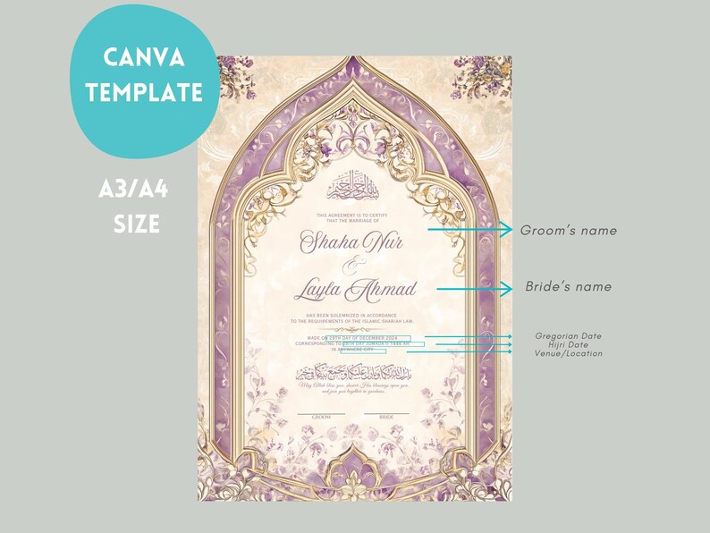 May include: A Canva template for a wedding invitation. The design features a decorative arch shape with floral accents in shades of purple and gold. The names "Shaha Nur" and "Layla Ahmad" are displayed prominently. The text "A3/A4 SIZE" is also visible.