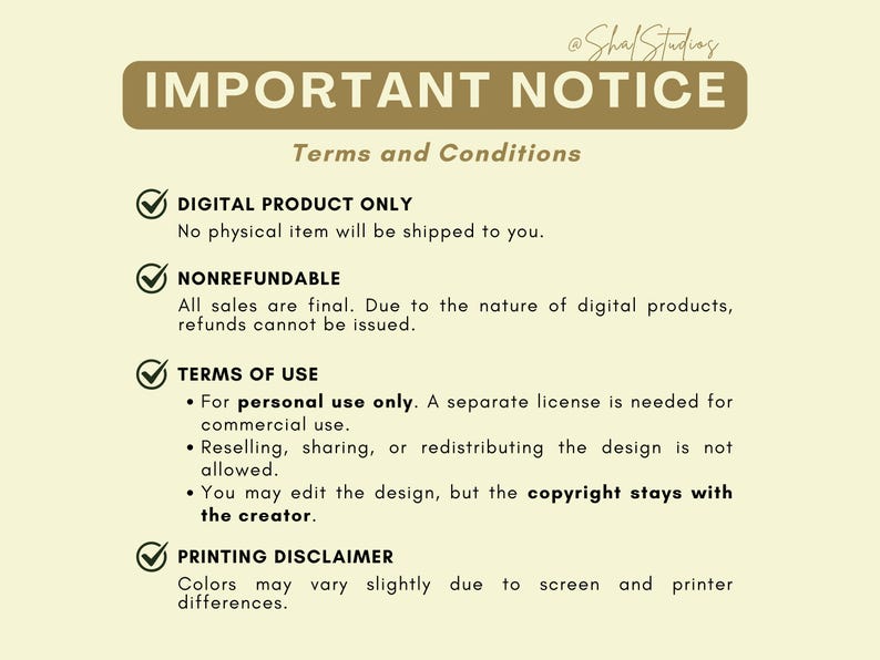 May include: A digital product notice with the text "IMPORTANT NOTICE" in a brown banner. The text includes terms and conditions, such as "DIGITAL PRODUCT ONLY" and "NONREFUNDABLE". The notice also includes a printing disclaimer.