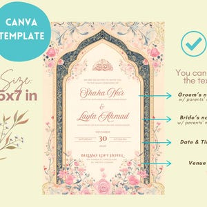 May include: A wedding invitation template with a floral design. The invitation is 5x7 inches and features the text "CANVA TEMPLATE". The design includes the names "Shaha Nur" and "Layla Ahmad".