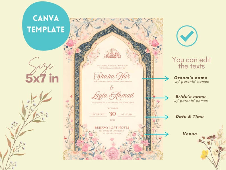 May include: A wedding invitation template with a floral design. The invitation is 5x7 inches and features the text "CANVA TEMPLATE". The design includes the names "Shaha Nur" and "Layla Ahmad".