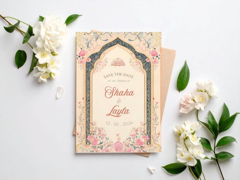 May include: A wedding invitation with a floral design. The invitation features the names "Shaha & Layla" and the date "12.30.2026". The design includes pink and blue floral accents and is set against a cream background. A cream envelope is behind the invitation.