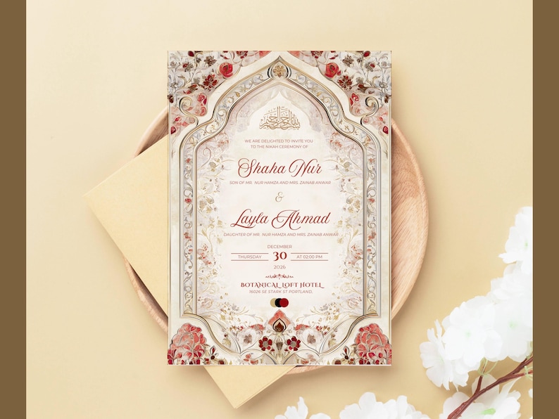 Puede incluir: Una invitaci&oacute;n de boda ornamentada con un fondo crema, con dise&ntilde;os florales y geom&eacute;tricos en rojo y dorado. La invitaci&oacute;n incluye los nombres "Shaha Nur" y "Layla Ahmad", junto con la fecha y el lugar de la ceremonia.