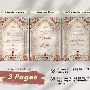 Puede incluir: Tres plantillas de invitaciones de boda con dise&ntilde;os florales y ornamentados. Las plantillas incluyen opciones con y sin nombres de los padres, y una versi&oacute;n 'Save the Date'. El texto incluye nombres, fechas y detalles del lugar.