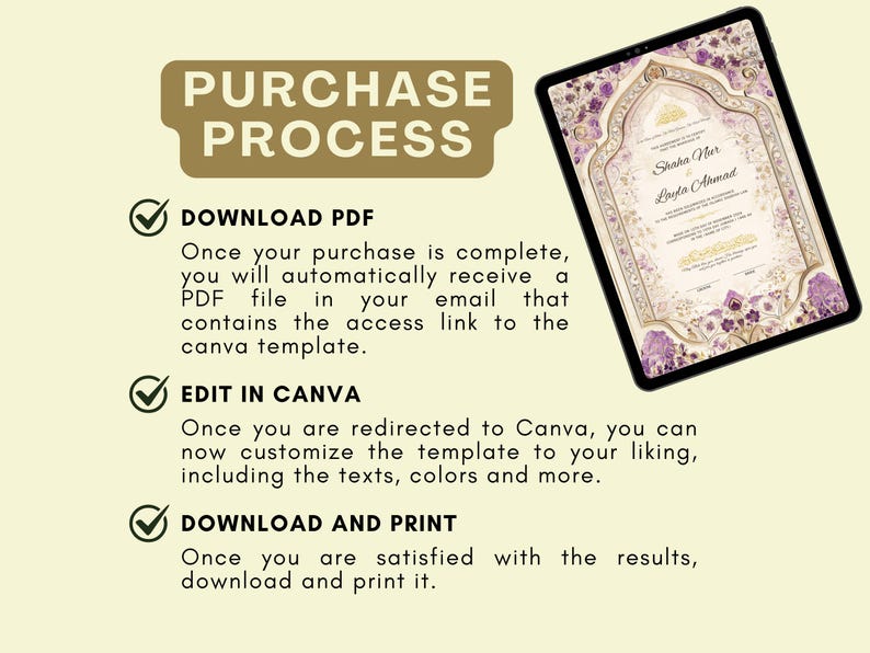 May include: A digital tablet displays a wedding invitation design with floral accents and the names "Shaha Nur" and "Layla Ahmad." The image also includes instructions for the purchase process: download PDF, edit in Canva, and download and print.