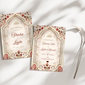 Puede incluir: Dos tarjetas de invitaci&oacute;n de boda con dise&ntilde;os florales y arquitect&oacute;nicos ornamentados. Las tarjetas presentan los nombres "Shaha & Layla" y "Shaha Nur & Layla Ahmad" con las fechas "12.30.2026" y "30" respectivamente. La combinaci&oacute;n de colores incluye crema, rojo y dorado.