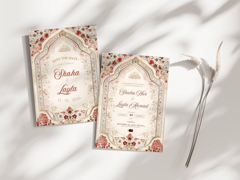 Puede incluir: Dos tarjetas de invitaci&oacute;n de boda con dise&ntilde;os florales y arquitect&oacute;nicos ornamentados. Las tarjetas presentan los nombres "Shaha & Layla" y "Shaha Nur & Layla Ahmad" con las fechas "12.30.2026" y "30" respectivamente. La combinaci&oacute;n de colores incluye crema, rojo y dorado.