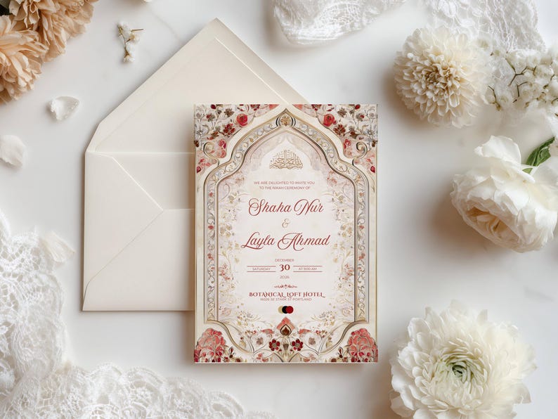 Puede incluir: Una invitaci&oacute;n de boda marfil con un dise&ntilde;o floral y ornamentado. La invitaci&oacute;n presenta los nombres "Shaha Nur & Layla Ahmad" en una fuente de escritura. La invitaci&oacute;n est&aacute; rodeada de flores blancas y un sobre marfil.