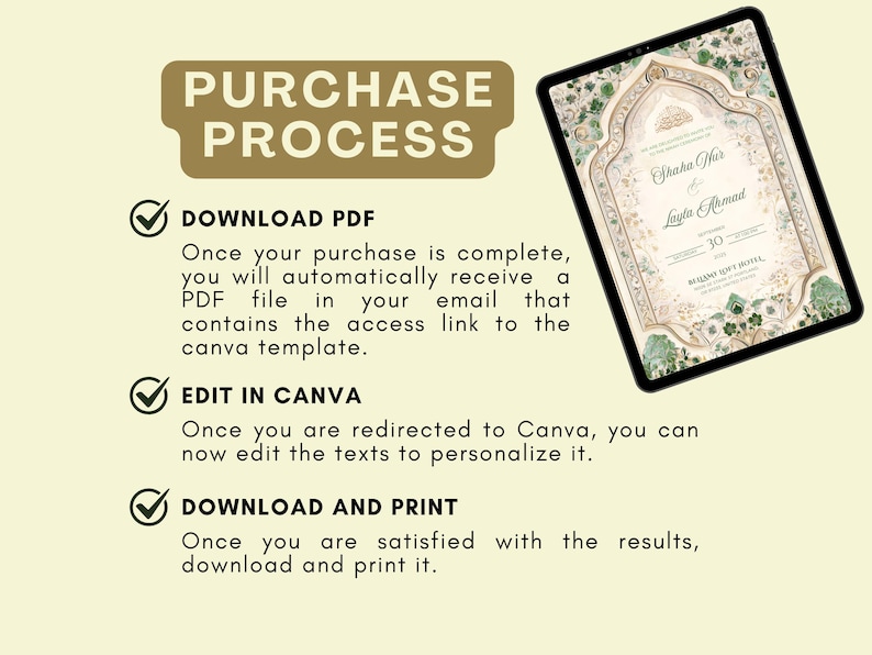 May include: A digital illustration of a wedding invitation template with a green and gold floral design. The text on the invitation reads "Shaka Hur & Layta Kromad 30" and "Bellagio Sovy Hotel". The image shows the steps to purchase, edit, and print the template.
