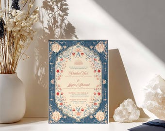 May include: A wedding invitation with a blue floral border and cream-colored background. The invitation includes the names "Shaha Yir" and "Layla Ahmad" with event details. The design features floral and scroll elements.