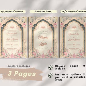 May include: Three wedding invitation templates with floral and arch designs. The invitations feature names, dates, and the text "Save the Date." The template includes three pages. The invitations are in shades of beige, pink, and green.
