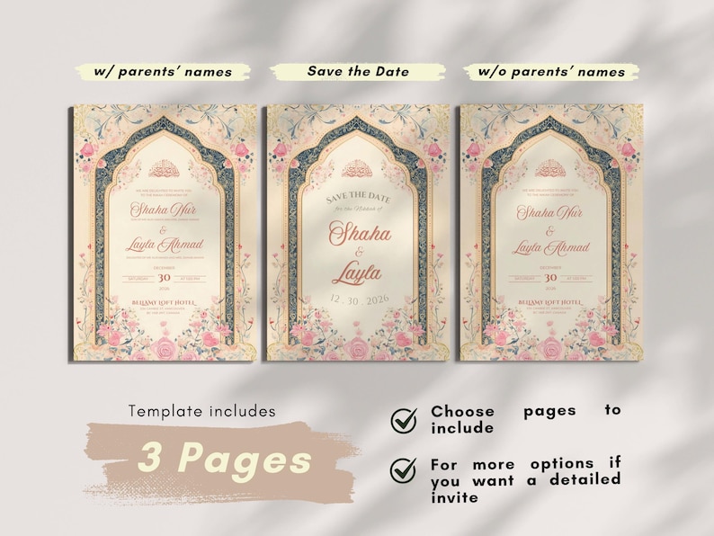 May include: Three wedding invitation templates with floral and arch designs. The invitations feature names, dates, and the text "Save the Date." The template includes three pages. The invitations are in shades of beige, pink, and green.