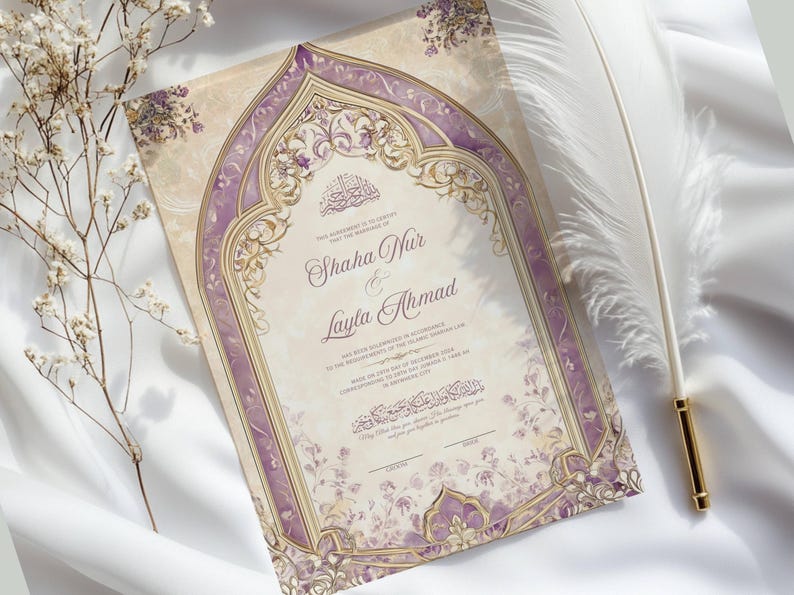 May include: An ornate wedding invitation with a beige background and a purple and gold decorative border. The invitation features the names "Shaha Nur & Layla Ahmad" in elegant script. The invitation is placed on a white surface with a feather and floral accents.