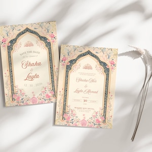 May include: Two wedding invitations with floral and arch designs. The invitations feature the names "Shaha & Layla" and "Shaha Nur & Layla Ahmad" with dates and venue details. The color scheme includes cream, pink, and blue.