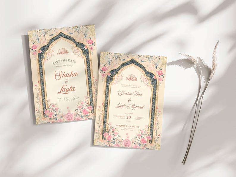 May include: Two wedding invitations with floral and arch designs. The invitations feature the names "Shaha & Layla" and "Shaha Nur & Layla Ahmad" with dates and venue details. The color scheme includes cream, pink, and blue.